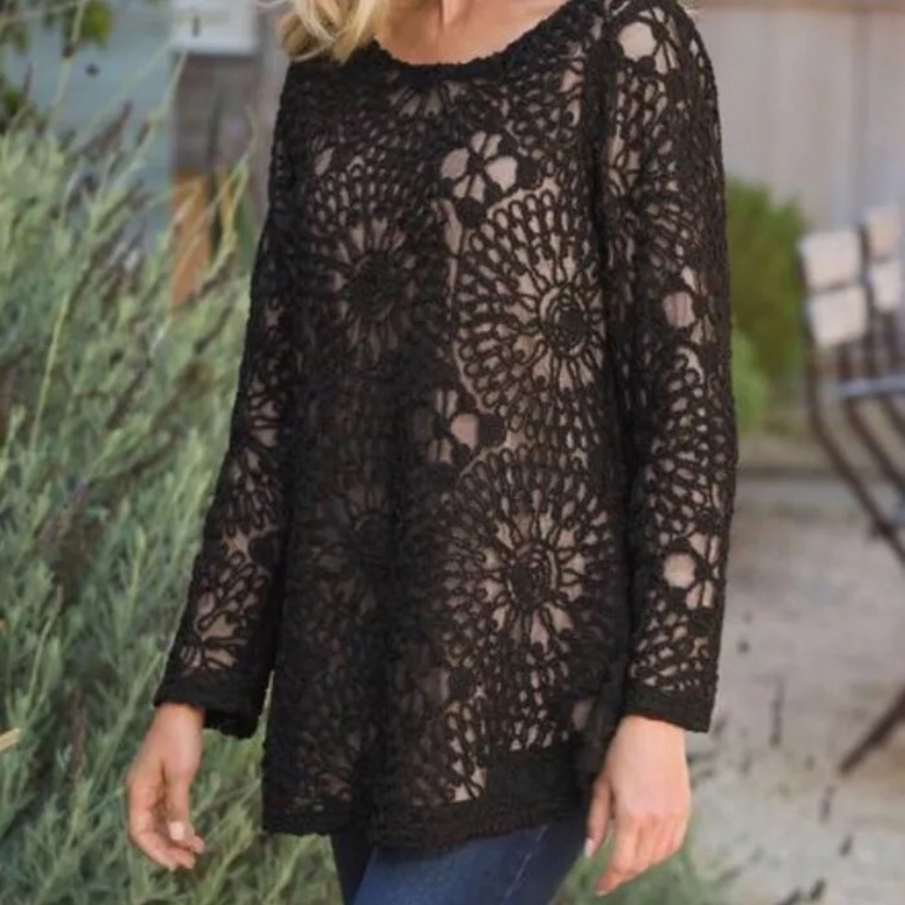 Soft Surroundings Black Crochet Tunic Top Sz S Floral Supreme Soutache